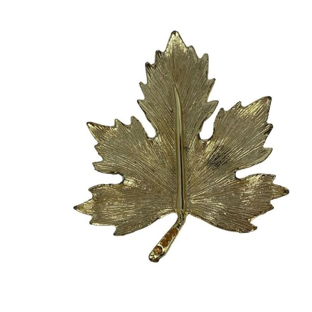Vintage Gold Tone Maple Leaf Pin Brooch Rhinestone Stem 2 1/4" Unbranded